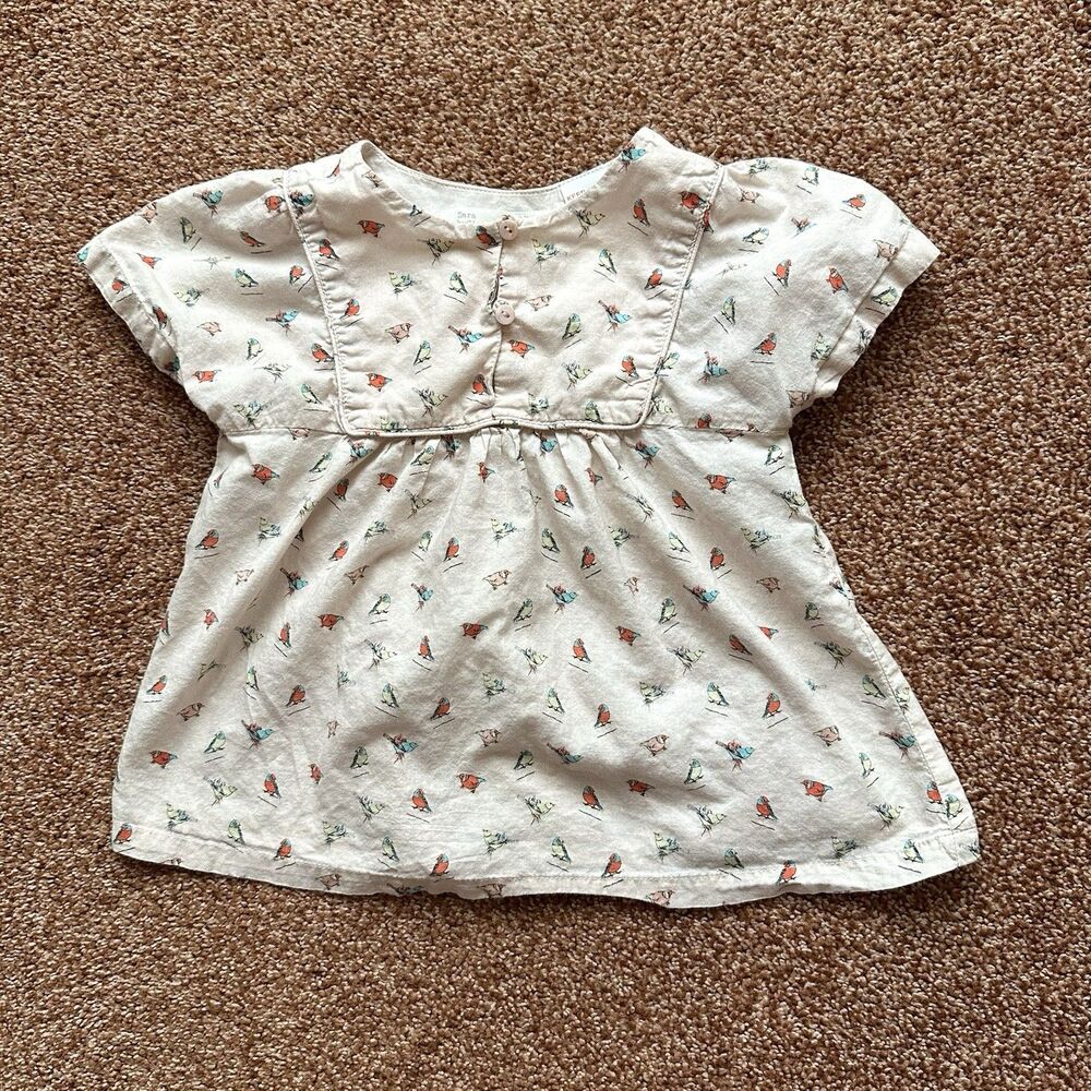 Zara Baby Girl Top 2-3 Yrs Short Sleeve Pullover  Birds Spring Pale Pink Cottage